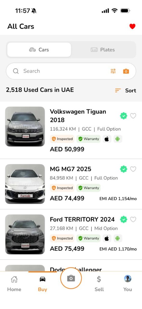 BuyAnyCar mobile app showing used cars for sale in the UAE
